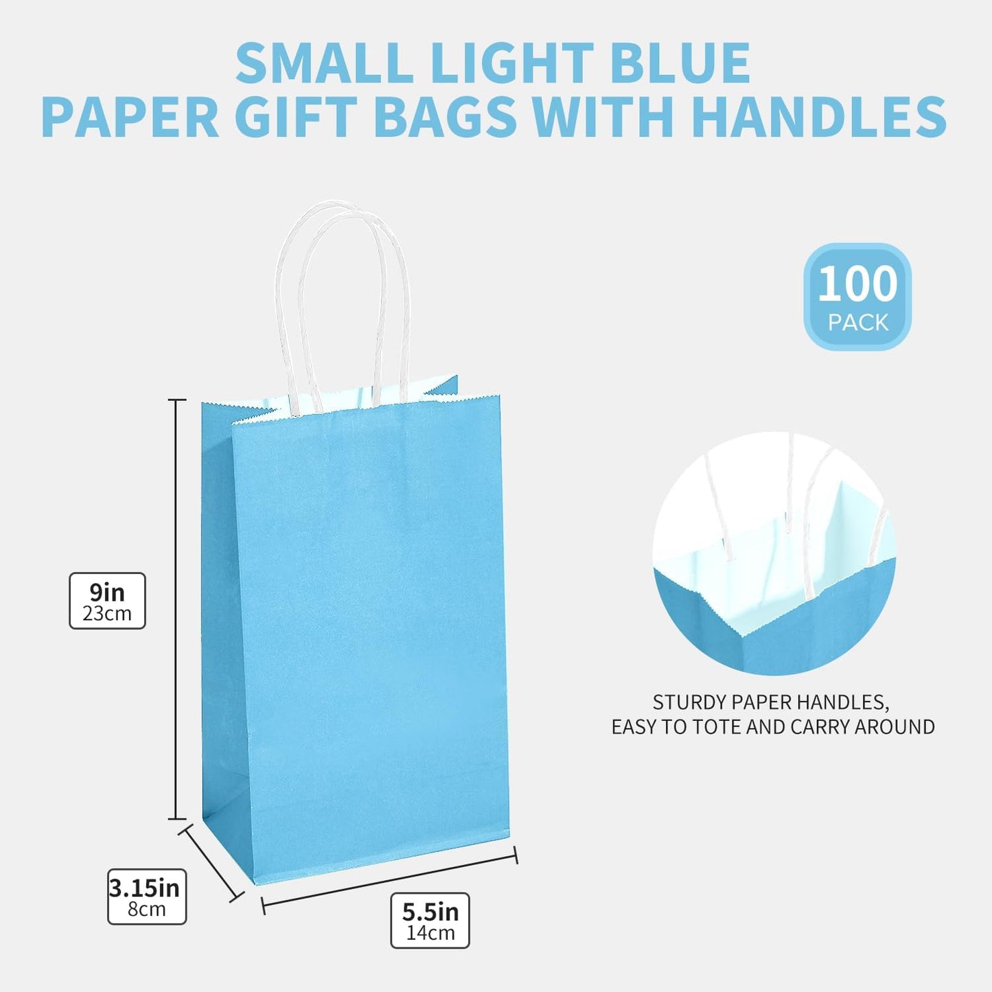 DjinnGlory 100 Pack Small Sized Blue Paper Bags with Handles Bulk for Merchandises, Christmas Gifts, Baby Blue Party Goodie Bags for Birthdays, Baby Showers, Weddings, 9x5.5x3.15 Inch