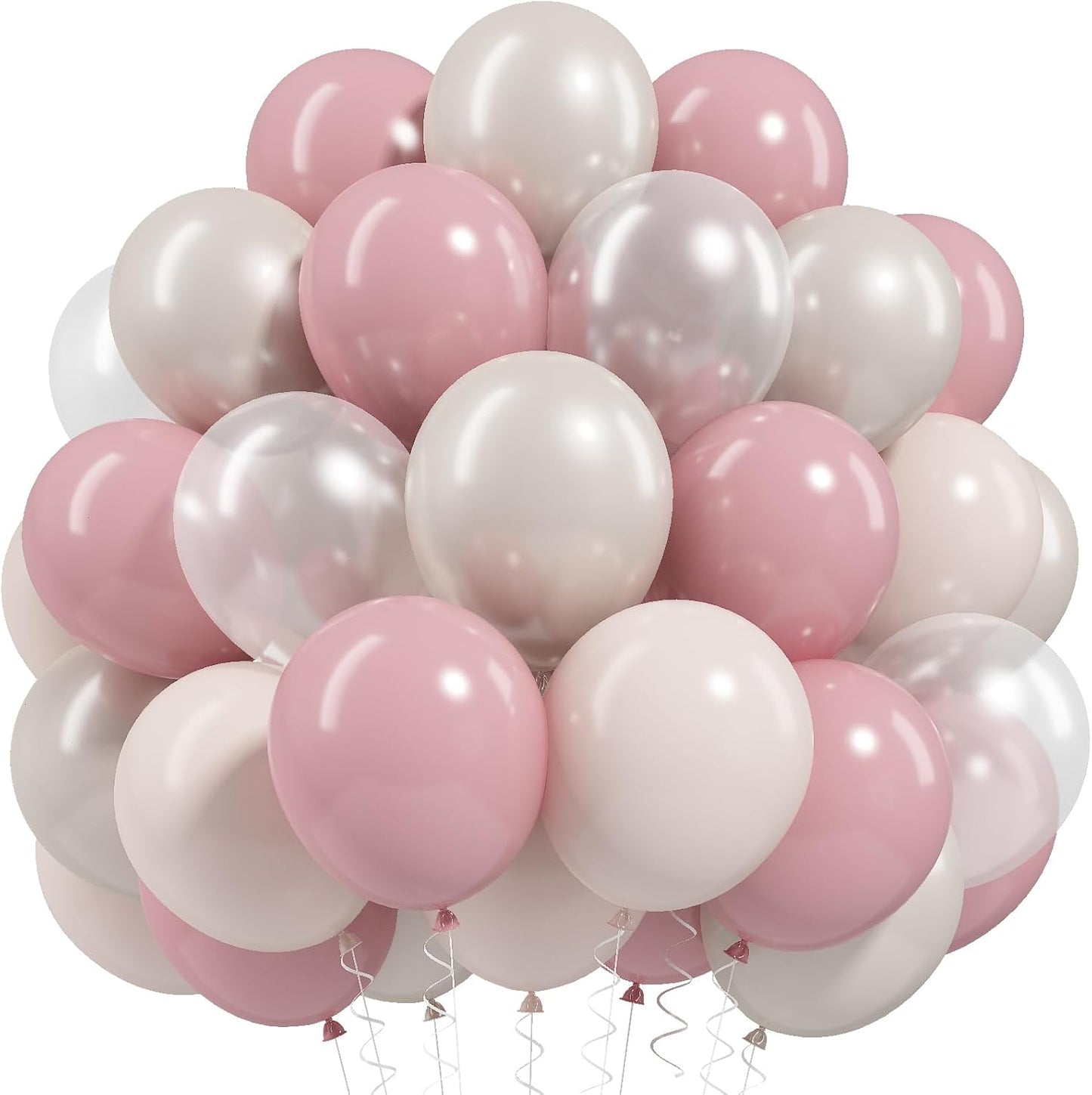 Pink and White Balloons, 12 Inch Double Stuffed Pearl Dusty Blush Baby Light Pink Cream Clear Latex Balloons for Girls Women Boho Bachelorette Wedding Princess Baby Shower Birthday Party Decorations