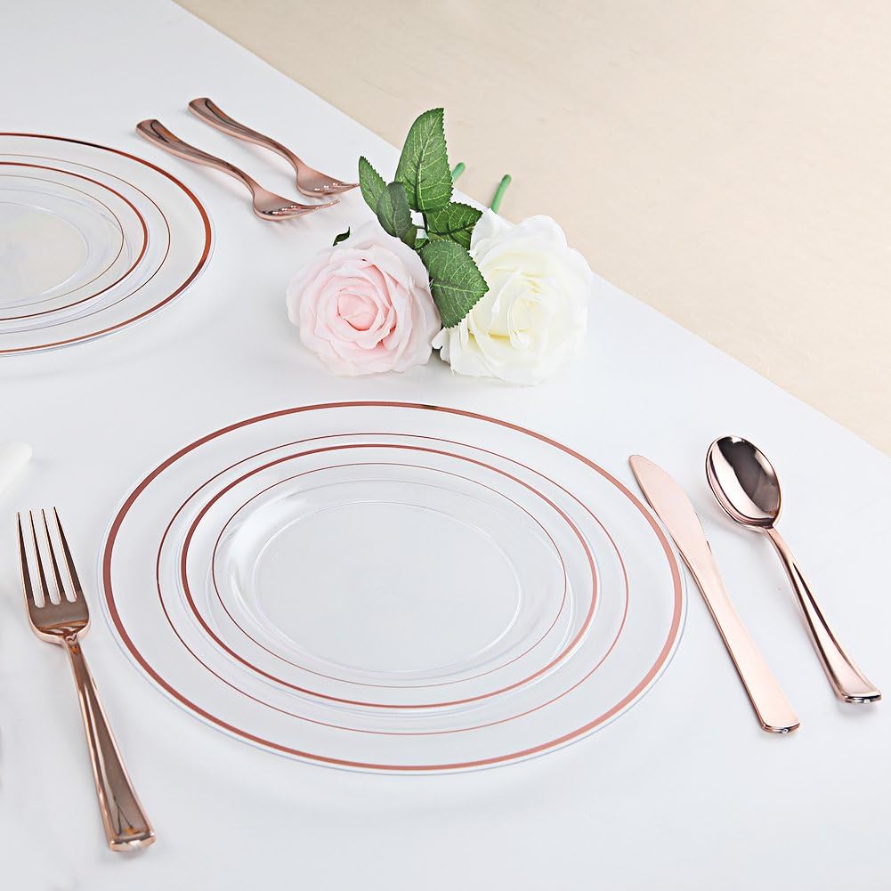 I00000 60 Pcs Rose Gold Plastic Plates, Disposable Party Set Include: 60 Clear Plastic Plates with Rose Gold Trim for dinner and dessert Perfect for Holidays, Wedding & Party Supplies