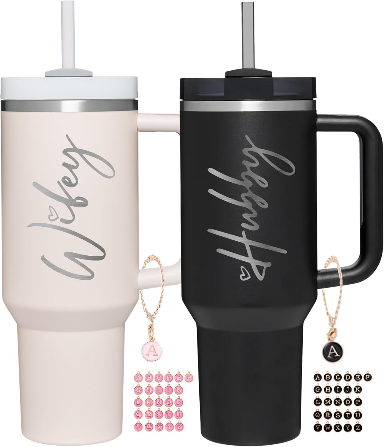 Wifey Hubby 40 oz Tumbler Cup for Couples with Handle Lids Straws Letter Charm Accessories 2 Pack Wedding Gifts for Couples 2024 Engagement gift Bridal Shower Gift for Bride Groom Newlyweds