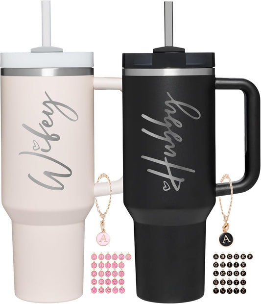 Wifey Hubby 40 oz Tumbler Cup for Couples with Handle Lids Straws Letter Charm Accessories 2 Pack Wedding Gifts for Couples 2024 Engagement gift Bridal Shower Gift for Bride Groom Newlyweds