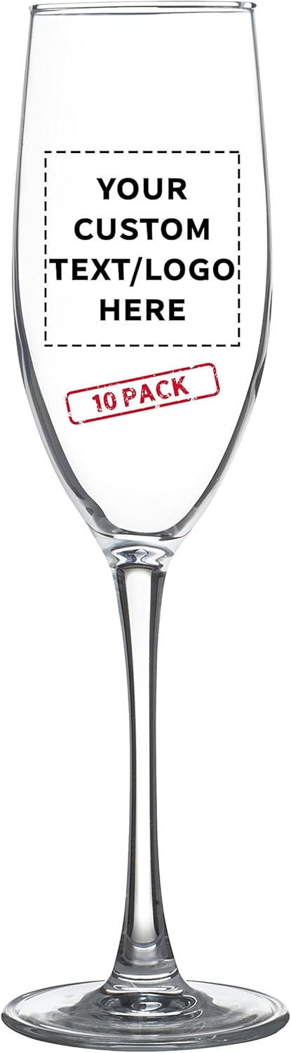 DISCOUNT PROMOS Custom ARC Connoisseur Champagne Flutes 8 oz. Set of 10, Personalized Bulk Pack - Elegant Drinkware for Weddings, Events, & Promotional Gifts - Clear