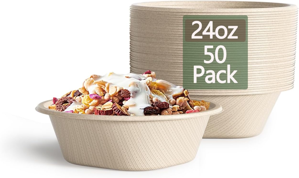 Homestockplus [50 Pack] 24 Oz Disposable Paper Bowls - Heavy Duty Disposable Bowls - Made from Natural Bagasse for Cereal, Rice, French Fries - Convenient and Compostable