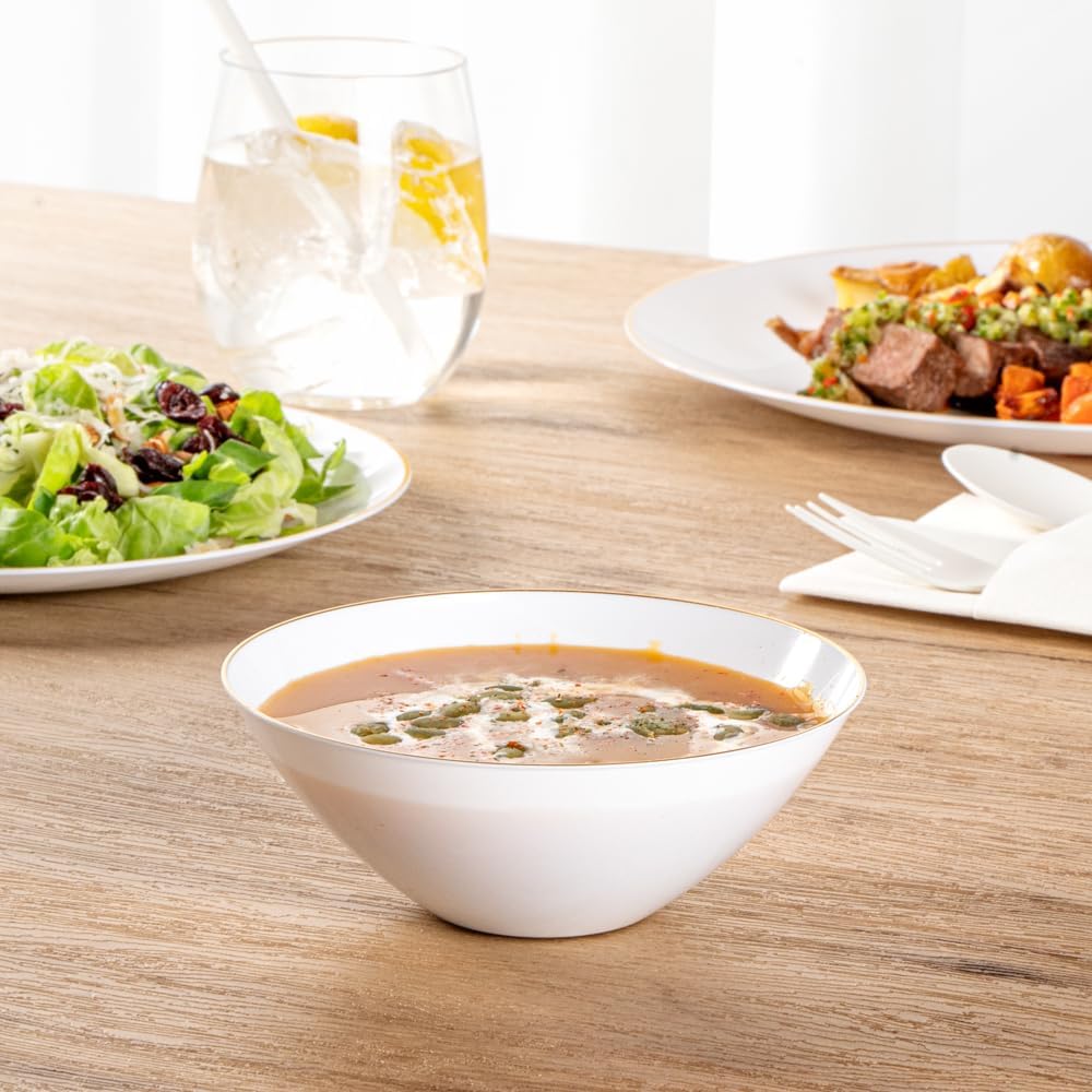 Restaurantware Moderna 6 Ounce Plastic Bowls 20 Durable Disposable Salad Bowls - Gold-Rimmed Heavy-Duty White Plastic Fancy Bowls For Warm And Cold Foods Ideal For Restaurants