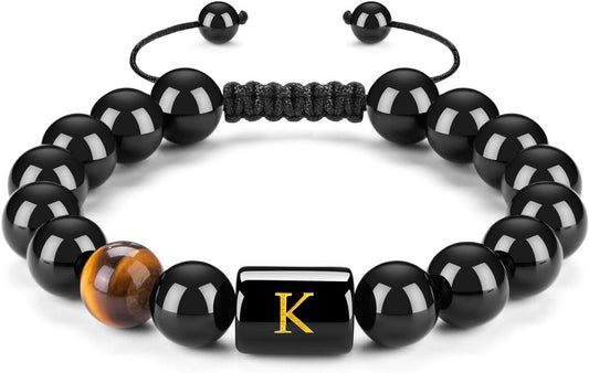 FRG Initials Bracelets for Men Letter Link Handmade Natural Black Onyx Tiger Eye Stone Beads Braided Rope Meaningful Bracelet