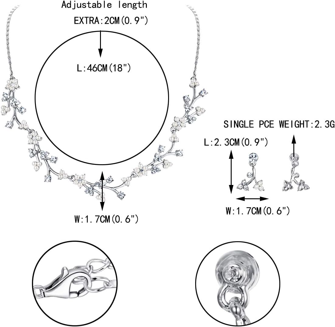 EVER FAITH Bridal Cubic Zirconia Jewelry Sets for Women, White Simulated Pearl Leaf Vine Pendant Wedding Party Necklace Earrings Set for Bridesmaid Bride