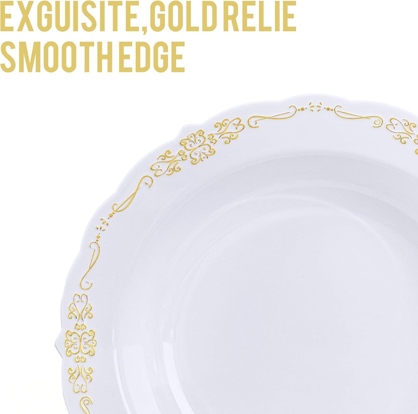 DaYammi 50 Pack Plastic Bowls with Gold Rim, 12oz Disposable Soup Bowls, Heavy Duty Dinner Bowls for Weddings, Parties, Dinners, Catering and Everyday Use