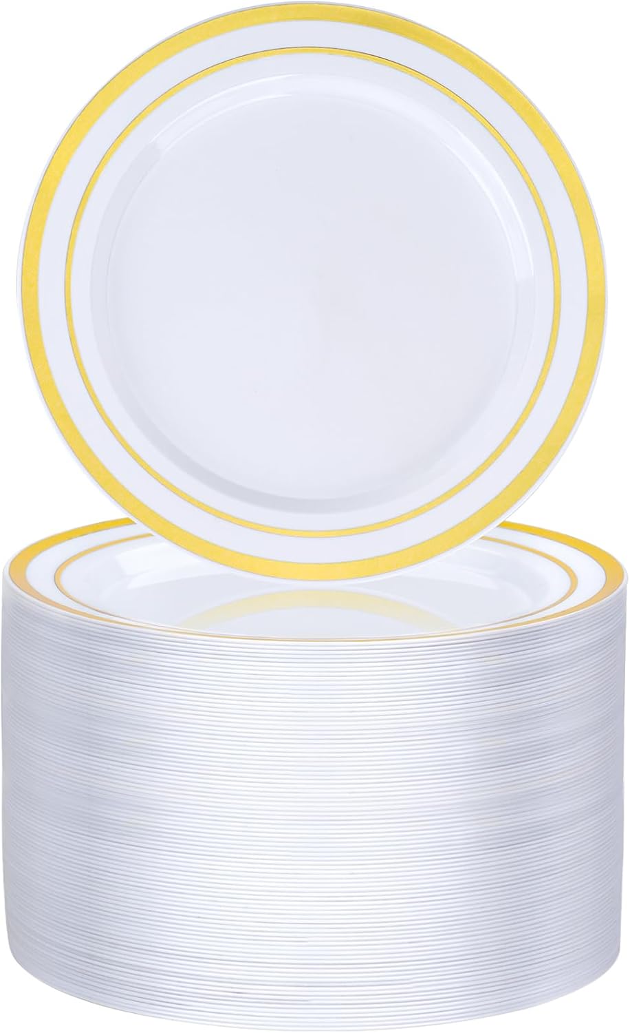BESTVIP 100PCS Gold Plastic Plate, 7 Inch Disposable Dessert Plate Party with Gold Rim, Heavy Duty Disposable Plastic Plates for Party, Wedding and Birthday