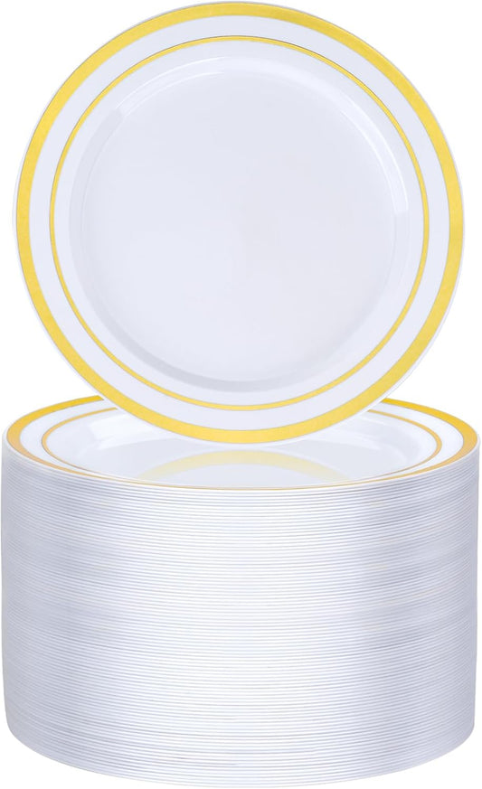 BESTVIP 100PCS Gold Plastic Plate, 7 Inch Disposable Dessert Plate Party with Gold Rim, Heavy Duty Disposable Plastic Plates for Party, Wedding and Birthday