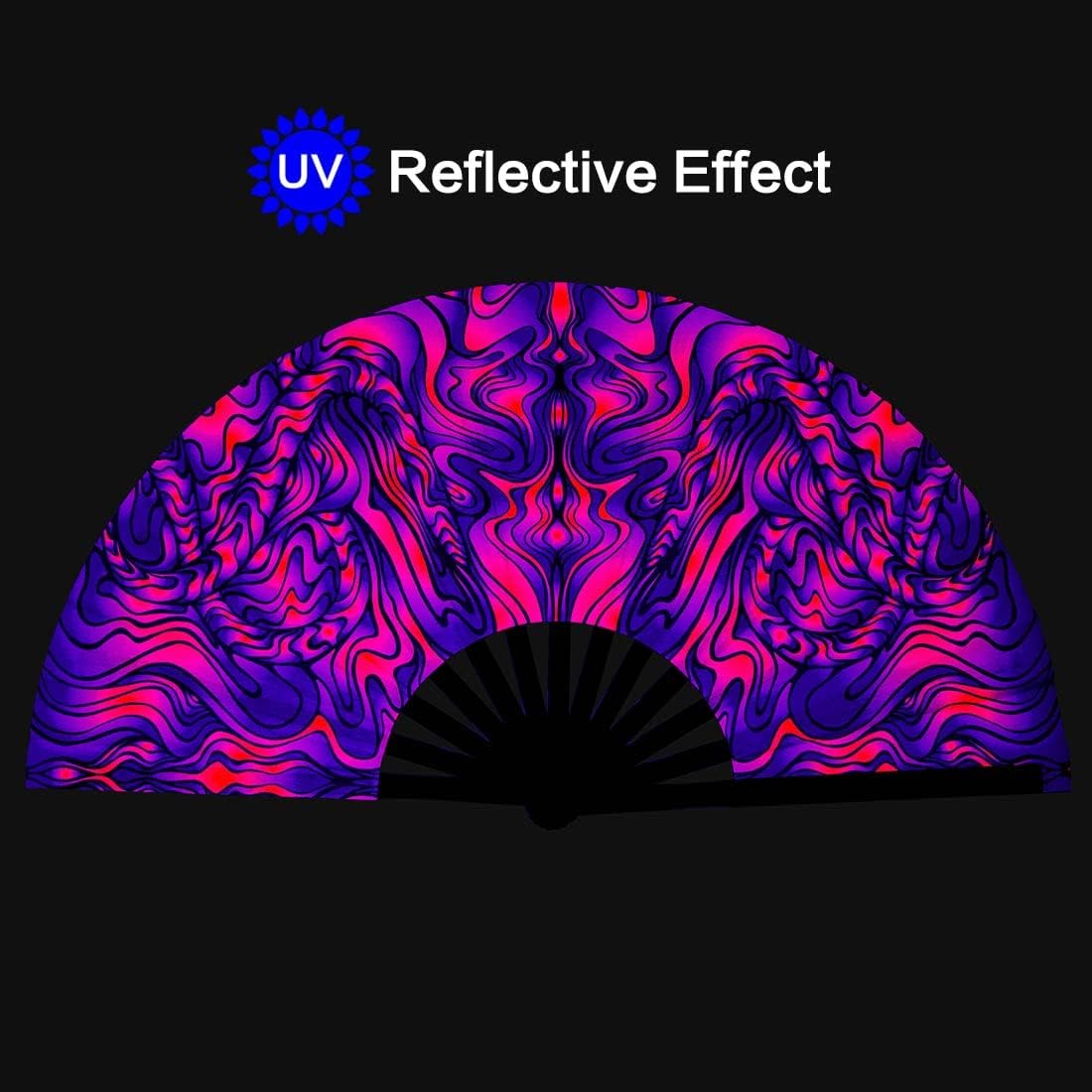 UV Glow Rave Fan, Bamboo Folding Clack Hand Fans Foldable for Men Women, Boots on the Ground Poping Fan for EDM Festival Line Dance Decoration, (Wellen, Medium 11")