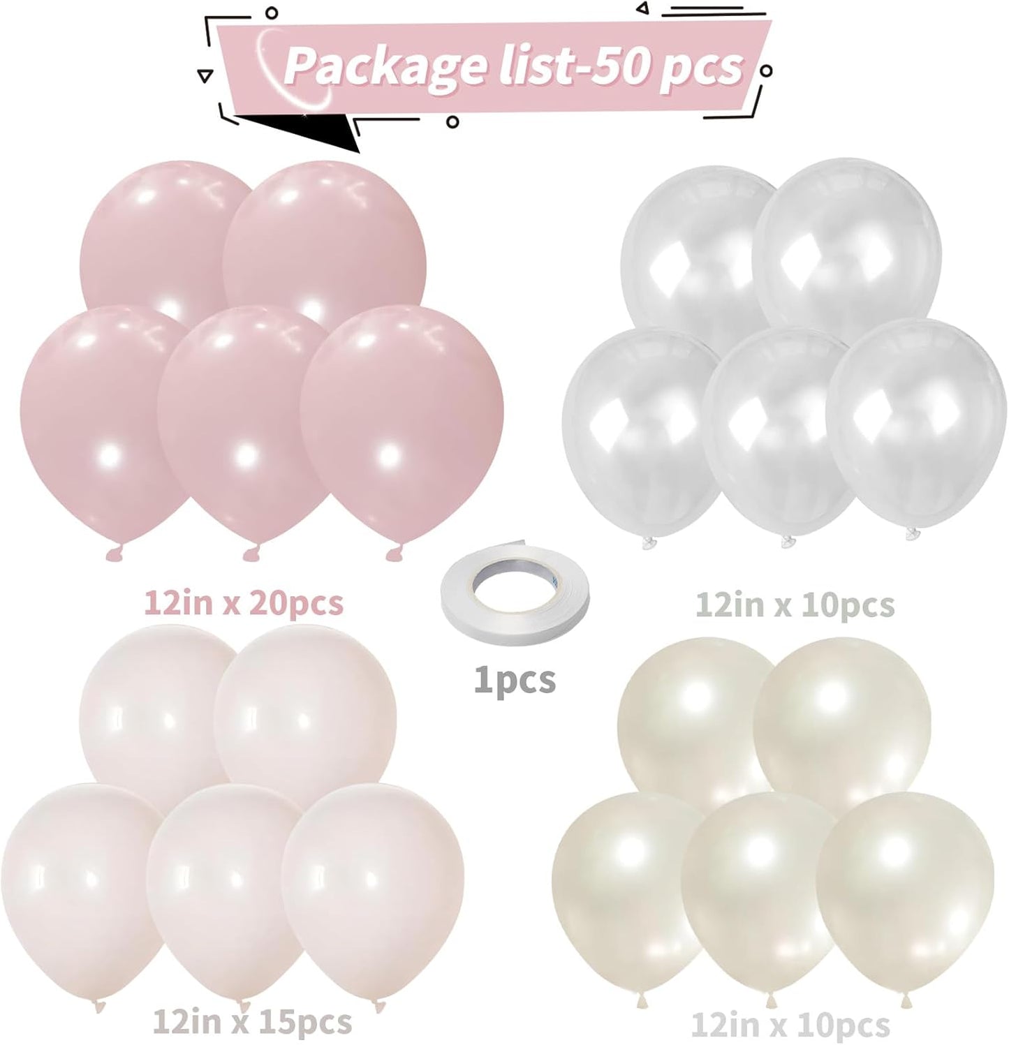 Pink and White Balloons, 12 Inch Double Stuffed Pearl Dusty Blush Baby Light Pink Cream Clear Latex Balloons for Girls Women Boho Bachelorette Wedding Princess Baby Shower Birthday Party Decorations