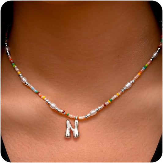 Ritach Initial Necklaces for Women Girls - Christmas Gifts for Grandkids Light Colorful Beaded Pearl Initial Necklace Gold/Silver Bubble Pendant Letter Necklace Stocking Stuffers for Teen Girls Women