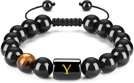 FRG Initials Bracelets for Men Letter Link Handmade Natural Black Onyx Tiger Eye Stone Beads Braided Rope Meaningful Bracelet