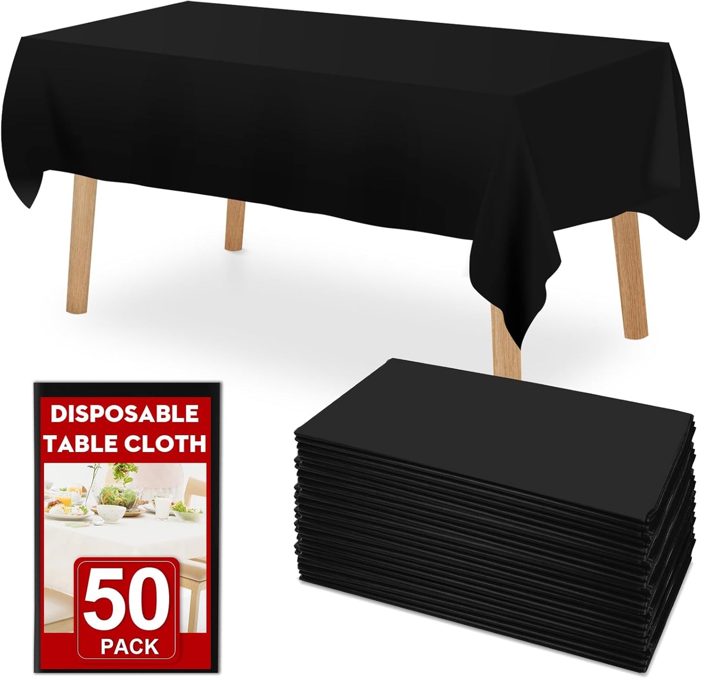 50 Pack Black Plastic Table Cloths Disposable, 54 x 108 Inches Plastic Table Cover for Rectangle Tables, Disposable Tablecloth for Dinning, Parties, BBQ, Wedding, Outdoor