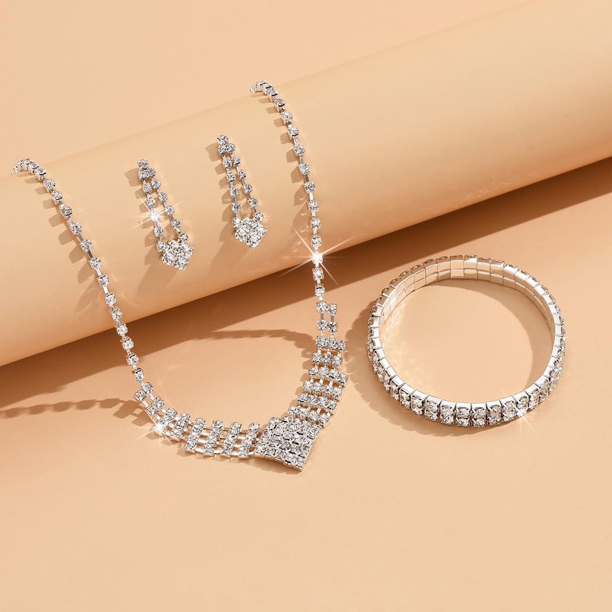 Prom Earrings Necklace Bracelet Set Elegant Crystal Rhinestone Necklace Earrings Bracelet Bridal Wedding Prom Dresses Costume Outfit Gold Jewelry Sets for Women