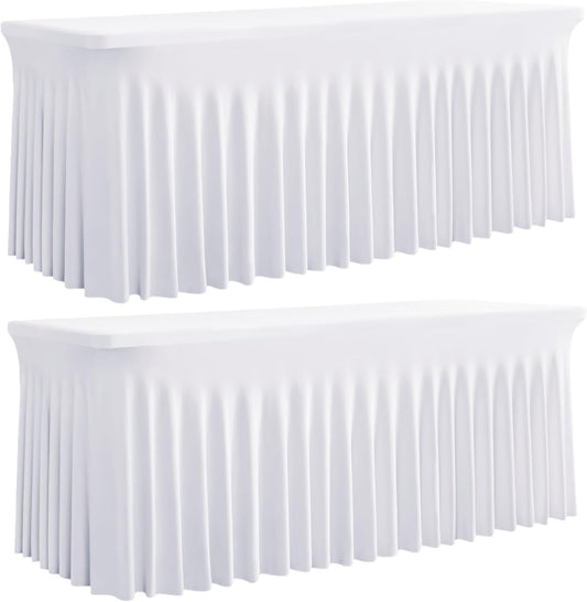 Outpain White Spandex Table Clothes for 5 Foot Rectangle Tables-2Pack 5FT Spandex Fitted Table Cover, Wrinkle Free Tablecloths with Skirt for Parties, Wedding, Birthday, Banquet, Festival