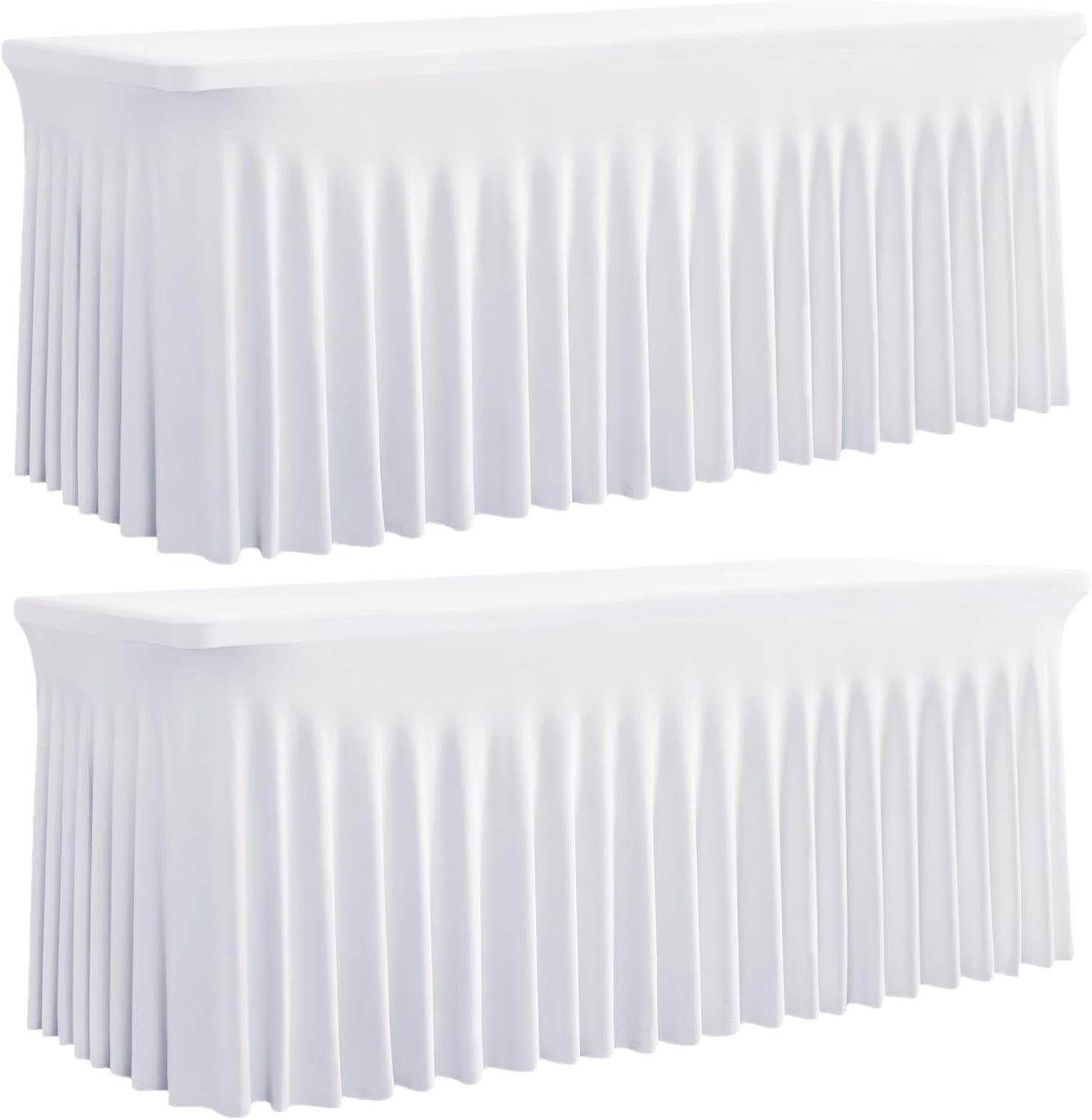 Outpain White Spandex Table Clothes for 8 Foot Rectangle Tables-2Pack 8FT Spandex Fitted Table Cover, Wrinkle Free Tablecloths with Skirt for Parties, Wedding, Birthday, Banquet, Festival