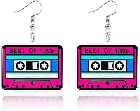 90s 80s Earrings for Women Retro Cassette Tape Earrings Acrylic Radio Tape Drop Dangle Earring for Halloween Cosplay Glow Party Music Festival Costume Accessories
