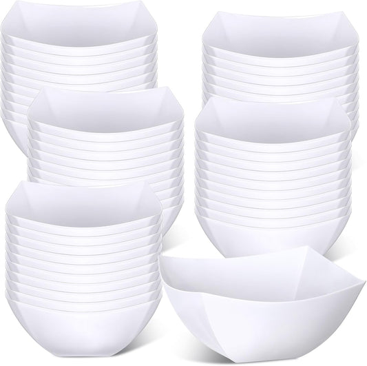 Tanlade 50 Pcs Square Plastic Serving Bowls Disposable Snack Salad Bowl Small Party Candy Bar Containers Taco Bar Serving Dishes for Buffet Chips Fruit(White,8 oz)