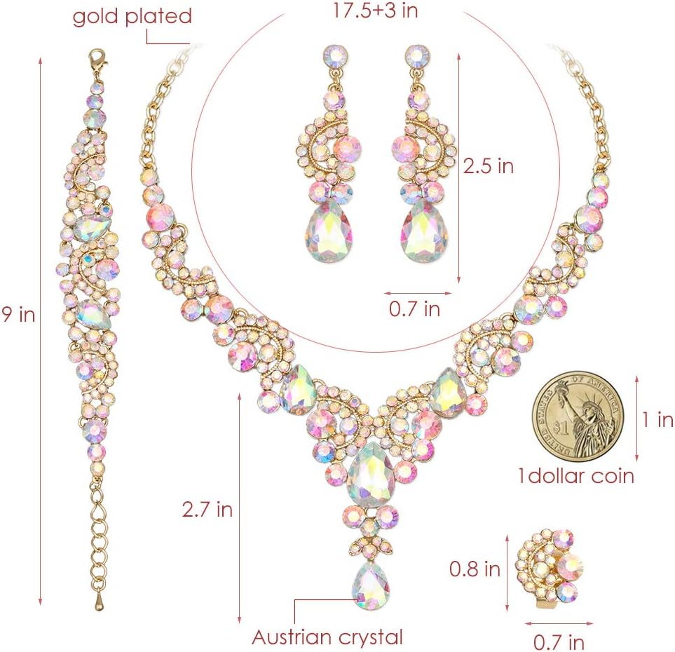 CSY Elegant Crystal Necklace Earrings Bracelet Ring Bridal Wedding Party Costume Jewelry Sets for Brides Women