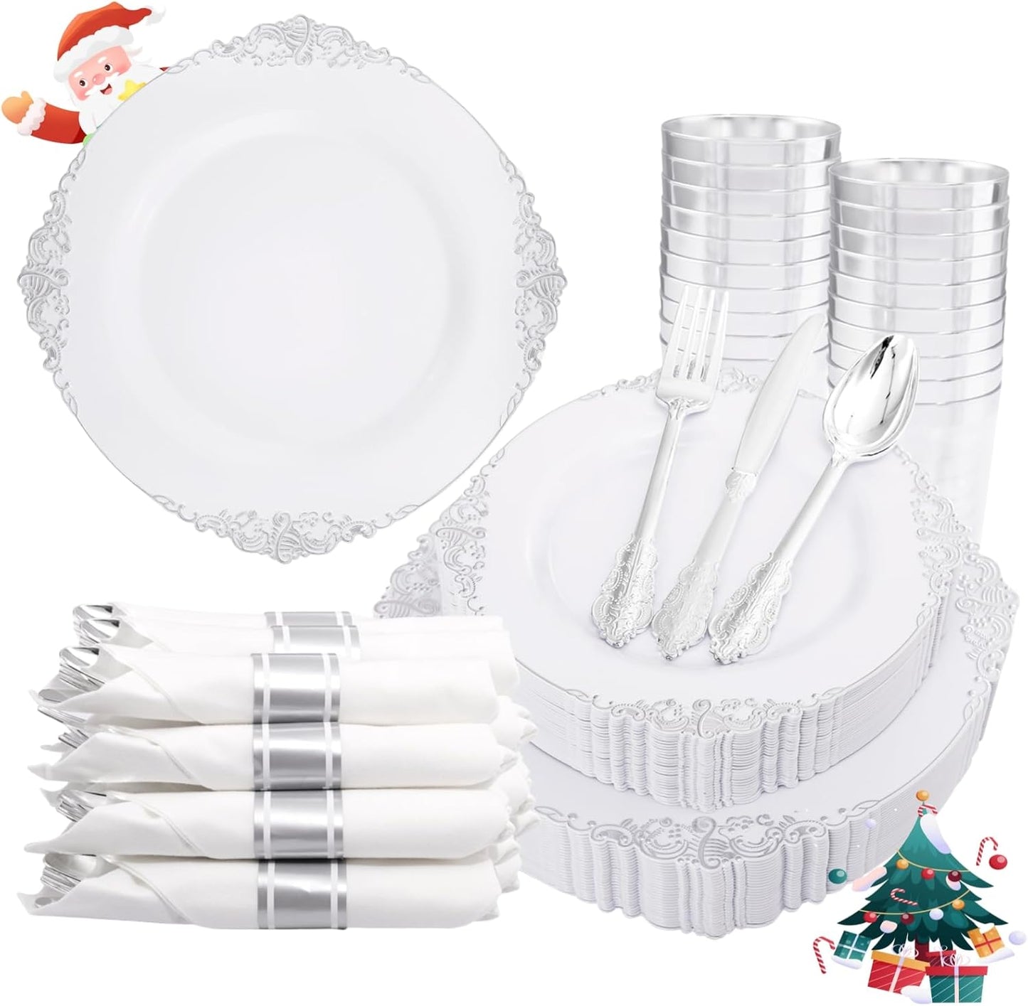 Liacere 350PCS Silver Plastic Plates&Pre Rolled Napkins for 50 Guests - Plastic Dinnerware Sets 100Silver Disposable Plates, 150Silver Silverware, 50Cups and 50Napkins for Wedding
