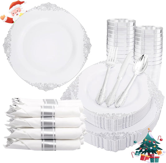 Liacere 350PCS Silver Plastic Plates&Pre Rolled Napkins for 50 Guests - Plastic Dinnerware Sets 100Silver Disposable Plates, 150Silver Silverware, 50Cups and 50Napkins for Wedding