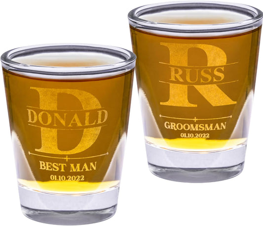 Gifts Inscribed Personalized Shot Glasses Set of 2 – Custom Engraved Groomsmen Glasses – Wedding, Bachelor Party, Drinking Gift for Men, Whiskey Vodka Tequila Shooters