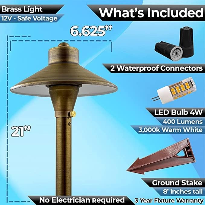 LED Low Voltage Pathway Lights 121- Solid Brass Outdoor Landscape Lights for Garden Pathway & Driveway Outdoor Lighting, 12V Landscape Lighting with Ground Stake & G4 LED Bulb (4 Pack Wide Top 8-1/2")