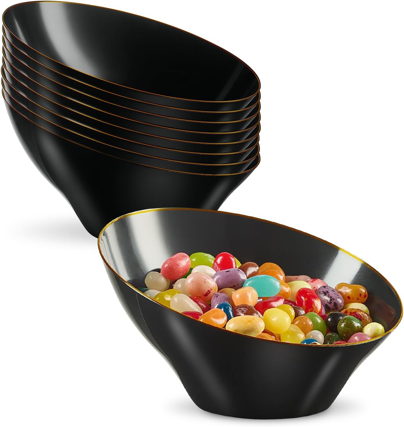 PLASTICPRO Angled Plastic Bowls Disposable Small Plastic Black Serving Bowls with Gold Rim for Party for Appetizer Salads Pack of 8