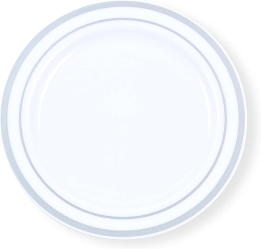 120-Piece Dinner Plastic Plates Set Premium 120 Dinner Plates, Disposable Plates for Party - White Plastic Wedding Plates with Silver Rim