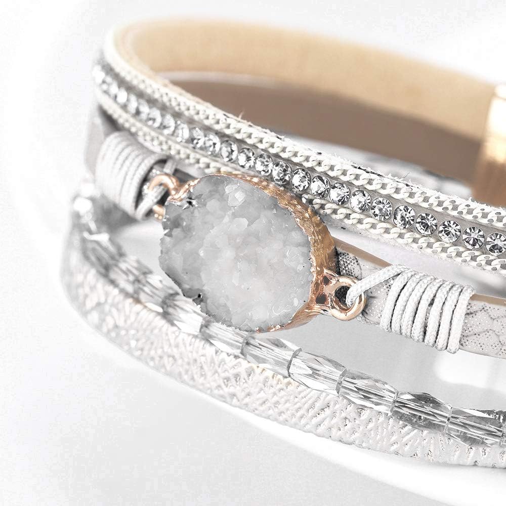 Fesciory Leopard Bracelet for Women, Boho Leather Wrap Multi-Layer Pearl Crystal Bracelet Bangle Jewelry