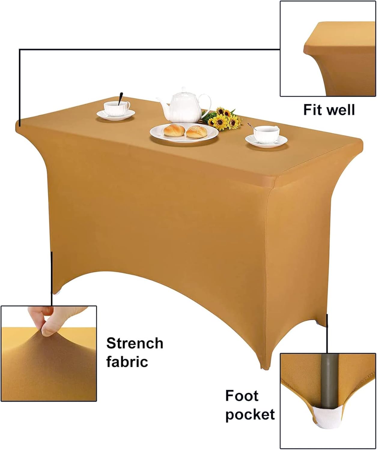 FORLIFE Spandex Table Covers - Fitted 4ft Rectangular Tablecloth, Stretch Patio Table Cover for Wedding, Banquet, Party (Gold)