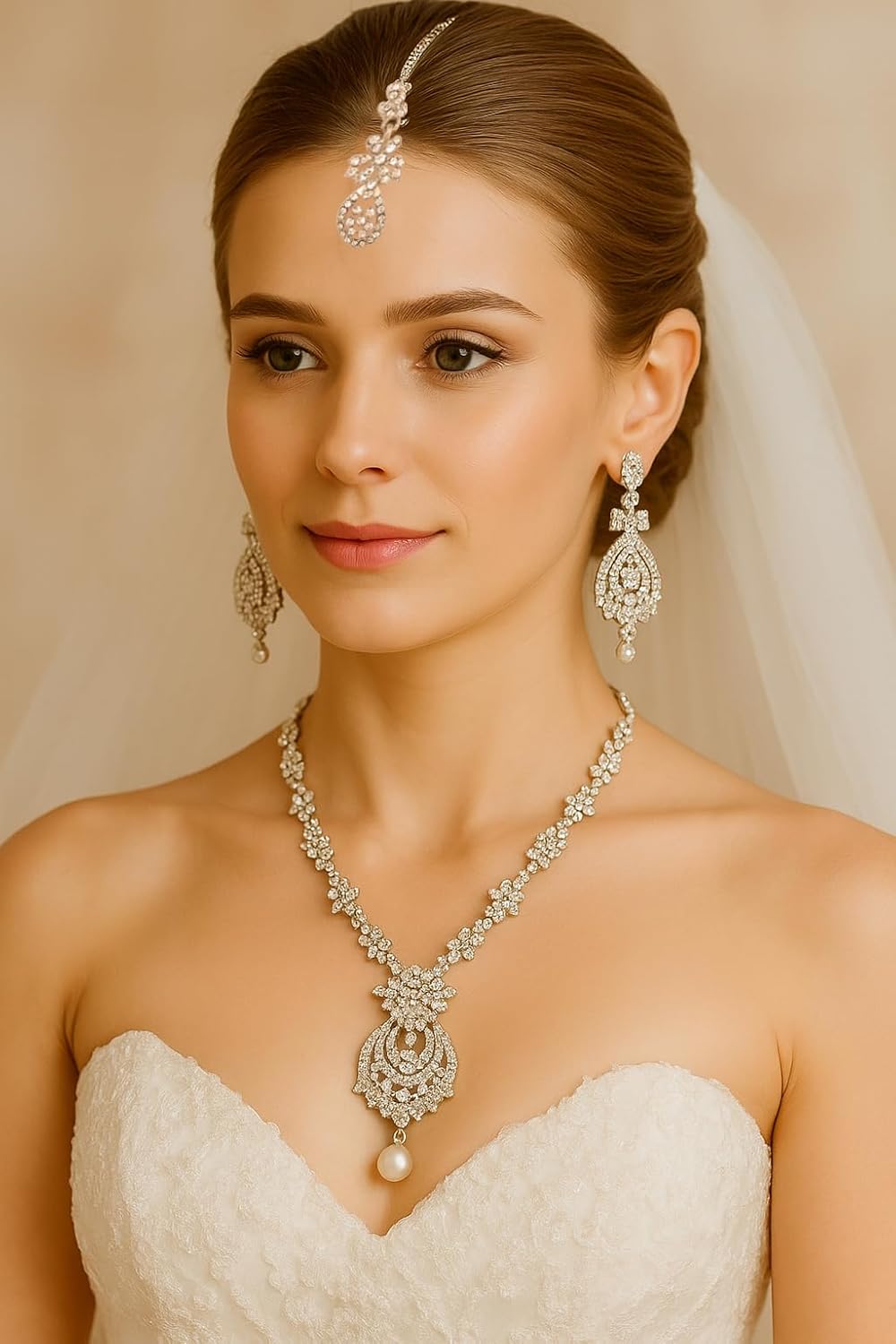 Touchstone Indian jewelry sets for women maang tikka wedding guest gold necklace bollywood jewellery set pageant elegant prom bride accessories western crystal chunky rhinestone necklaces