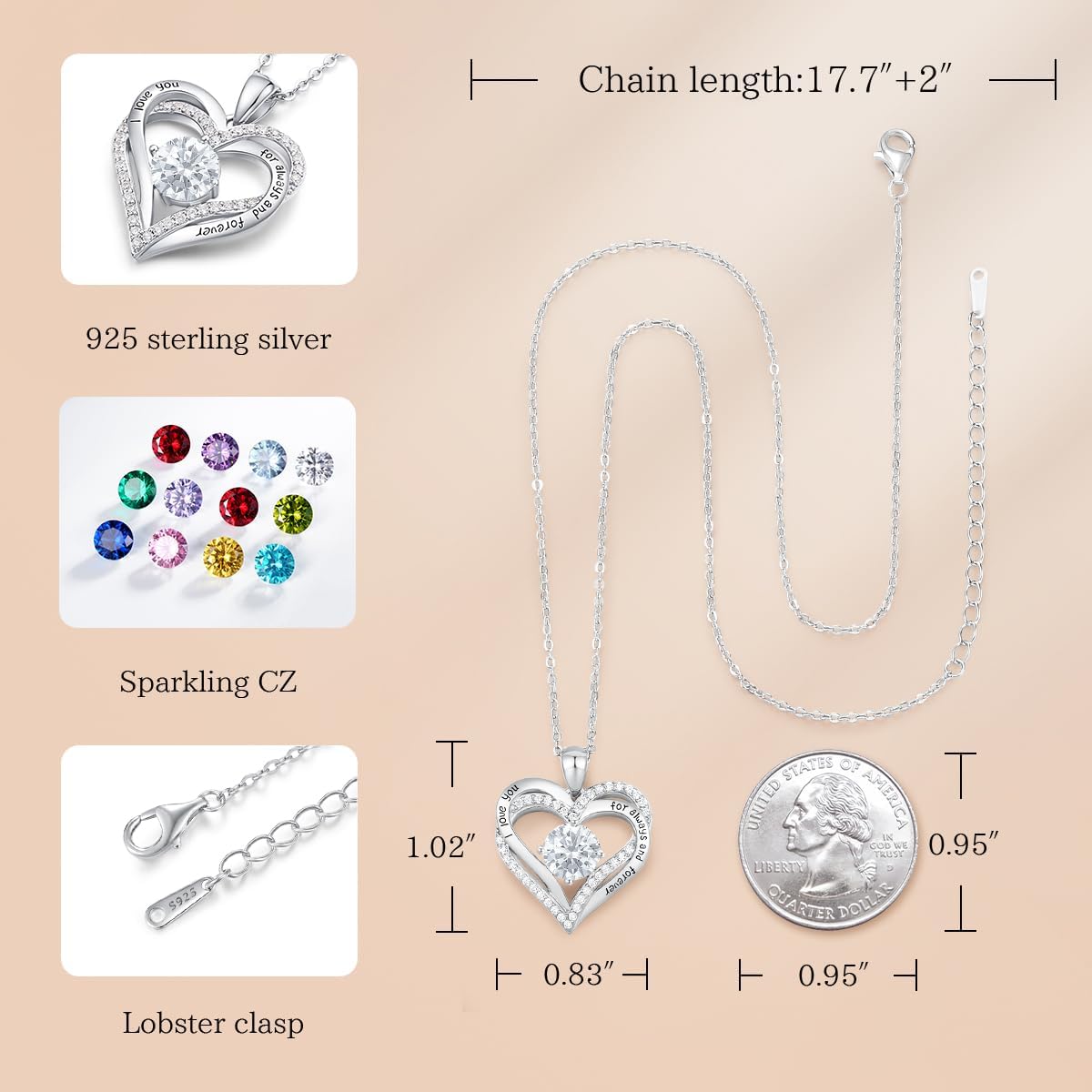 CDE Forever Love Heart Necklaces for Women, Wedding Anniversary, Birthday Mothers Day Christmas Day Gifts for Mom, Mother, Wife, friend, S925 Silver Jewelry with Birthstone Pendant