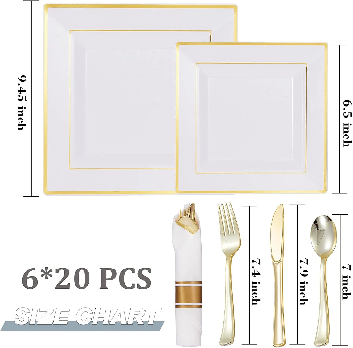 Square Plastic Plates&Silverware w/Per-Rolled Napkin Set,Parties Plastic Dinnerware incl Dinner Plates,Salad Plate,Napkins,Disposable Cutlery, 20Guests