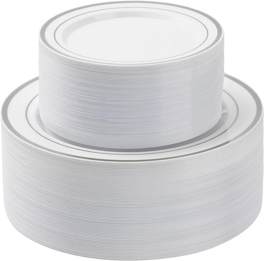 100PCS Silver Plastic Plates Set, 50 10.25 inch Dinner Plate and 50 7.5 inch Dessert Plates, Premium Disposable Plates for Party, Wedding