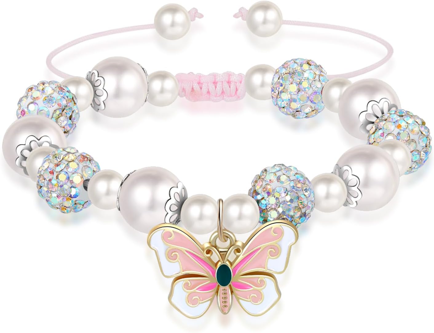 Artlunar Pink Pearl Butterfly Bracelet for Girls, Adjustable Sliding Knot (5.2”-9”) Stainless Steel & Pearl Charm – Kids Birthday Gift Jewelry for Daughter, Granddaughter, Niece