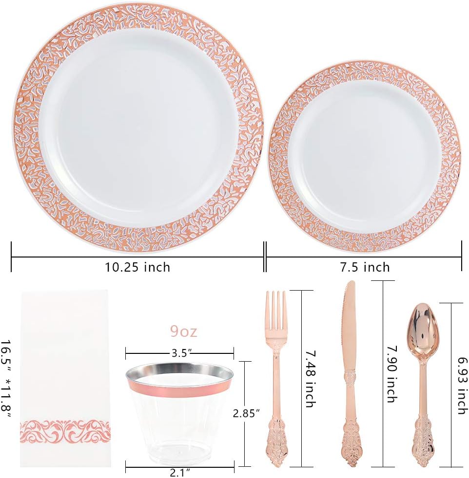 bUCLA 350PCS Rose Gold Plastic Plates With Disposable Silverware & Napkins - Rose Gold Rim Plastic Dinnerware Set Lace Design for Wedding, Party & Mother’s Day