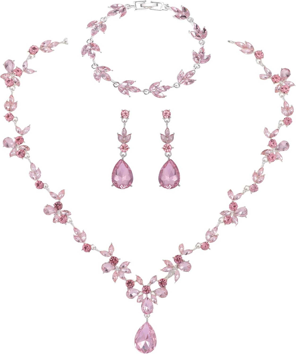 Kamirola Bridal Jewelry Set, Jewelry Set for Women, Necklace Dangle Earrings Bracelet Set, White Gold Plated (TR76)