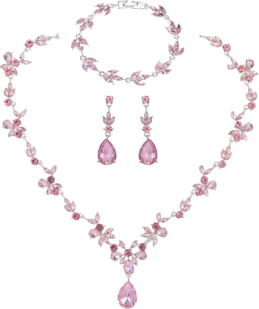 Kamirola Bridal Jewelry Set, Jewelry Set for Women, Necklace Dangle Earrings Bracelet Set, White Gold Plated (TR76)