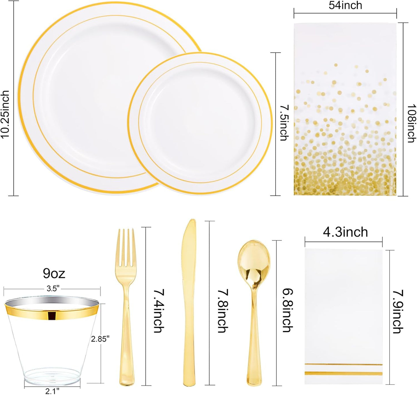 GATHER 176 Pieces Gold Dinnerware Disposable - White and Gold Plastic Plates Includes 50 Plates, 25 Plastic Silverware, 25 Napkins, 25 Cups and 1 Tablecloth for Wedding Party Thanksgiving