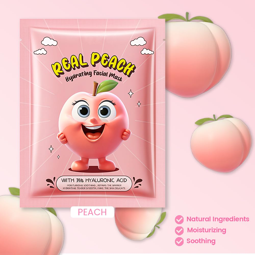 Kaely 12 Pack Peach Face Masks for Kids, Kids Face Mask Spa Day Kit Supplies, Spa Party Favors for Teens Girls Women, Sheet Facial Mask Skincare Gifts Set, Moisturize Soothe for All Skin Types, 08