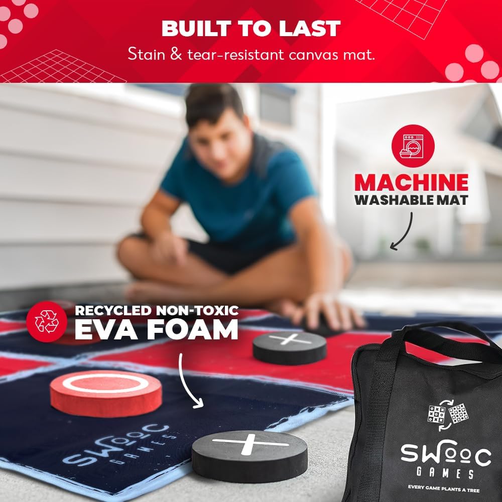 Swooc Games® - 2-in-1 Vintage Giant Checkers & Tic Tac Toe Game W/Mat (4ft x 4ft) - 100% Machine-Washable Canvas - Giant Outdoor Games for Kids - Yard Game for Kids - Jumbo Lawn Set - Large Checkers