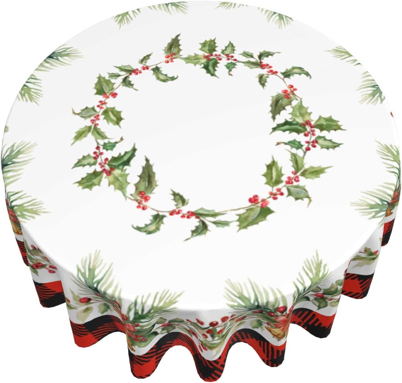 Giwawa Christmas Round Tablecloth for Kitchen Dining, 60Inch Xmas Holly Berries Bells Bows Table Cloth, Red Black Buffalo Plaids Non-Slip Table Cover for Holiday Picnic Tabletop Decor