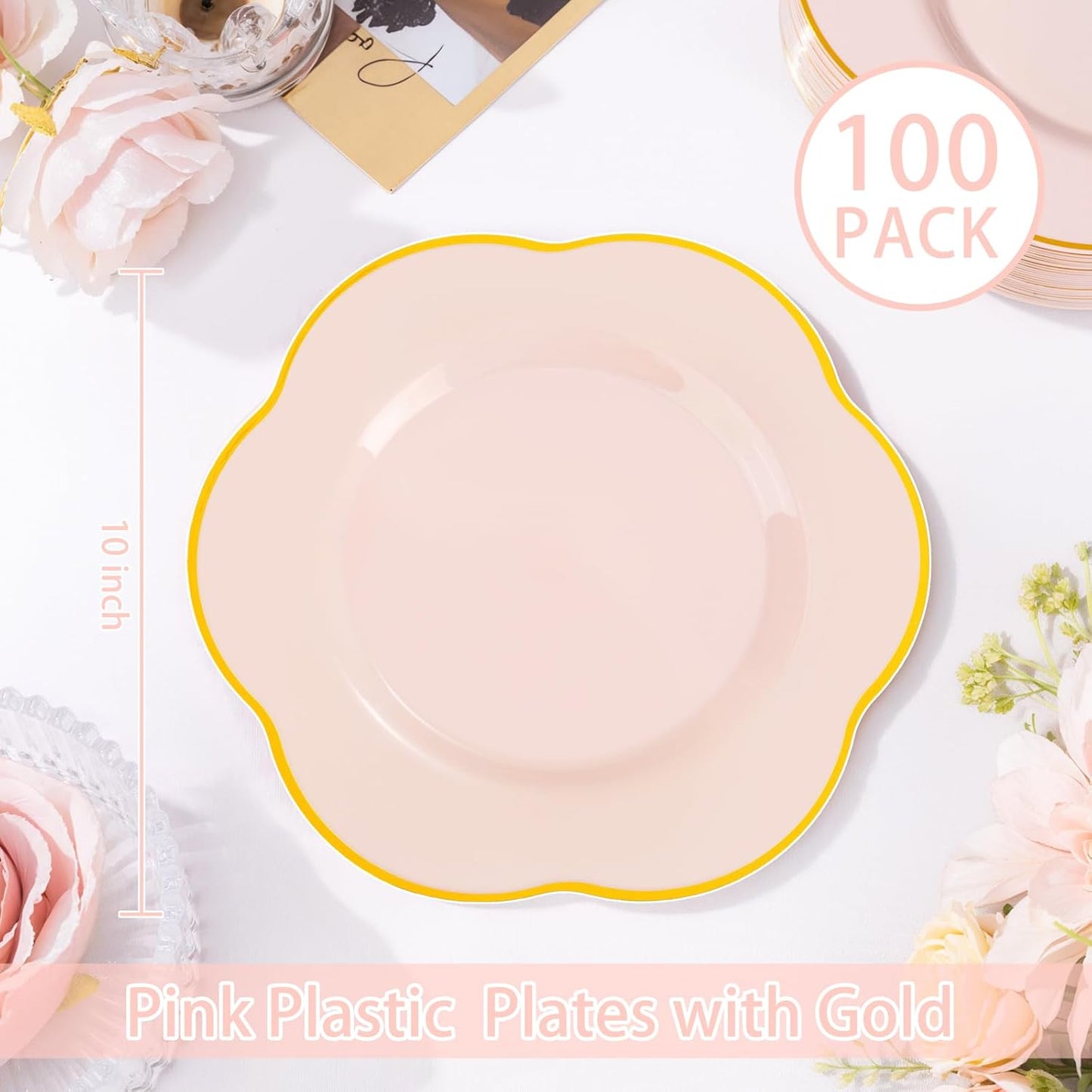 Liacere 100PCS Pink Plastic Plates - Plastic Dinner Plates - Floral Disposable 10inch Heavy Duty Pink and Gold Dinner Plates, Perfect for Wedding & Party & Holiday