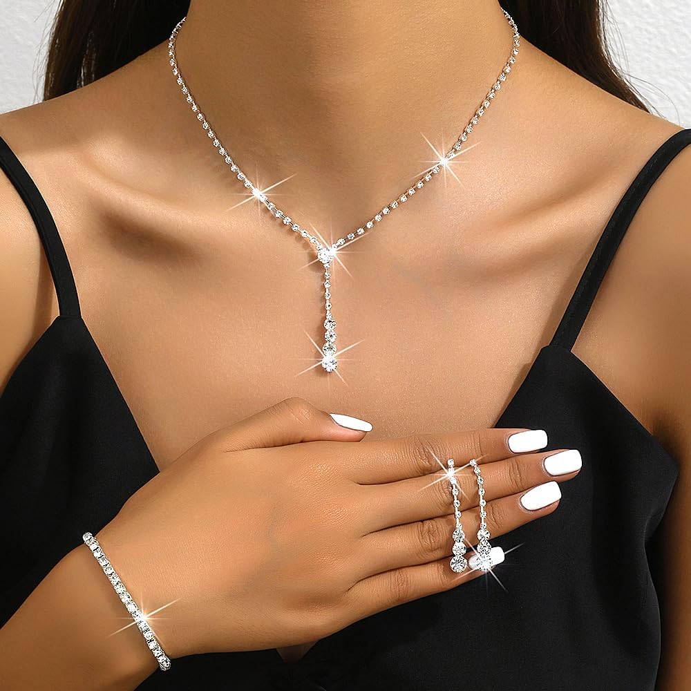 GIGB PBDK Dainty Silver Jewelry Set Crystal Rhinestone Pendant Necklace Bracelet Earrings Trendy Bridal Wedding Prom Dresses Costume Jewelry Sets for Women Wife