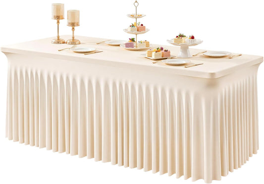 1 Pack Light Champagne Table Clothes for 8 Foot Rectangle Tables, One-Piece Wrinkle Resistant Stretch Spandex Table Covers with Skirt for Event Banquet Wedding Birthday Party