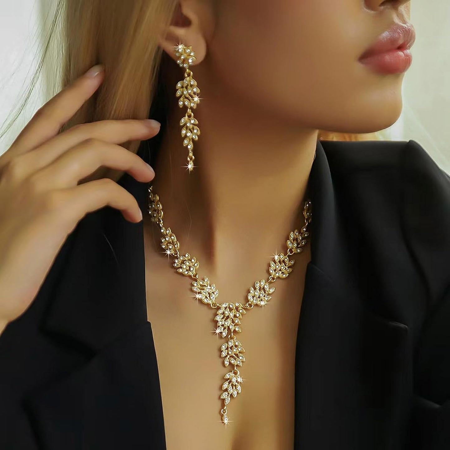 la luen Long Wedding Brides Necklace Earring Sets Rhinestone Statement Necklace Jewelry for Women Party Prom Engagement Bridesmaid Gifts