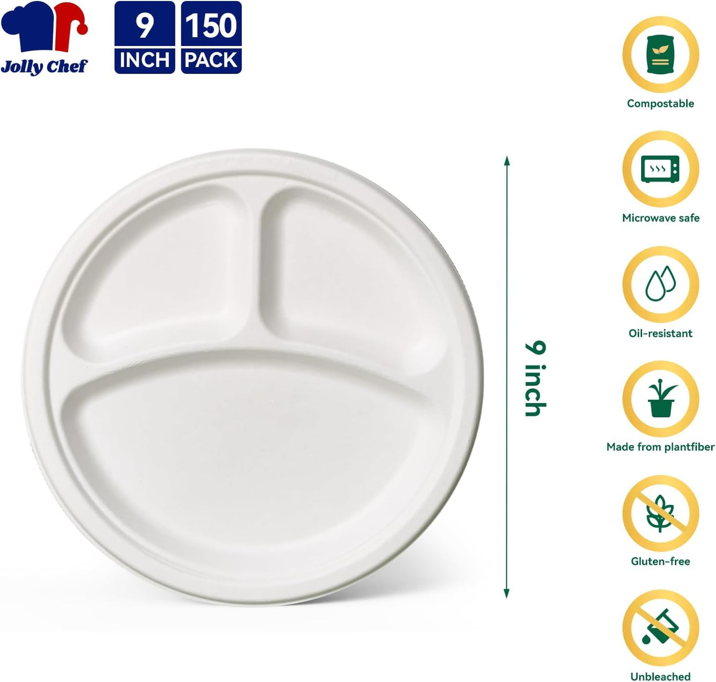 JOLLY CHEF Compostable 𝟯 Compartment Paper Plates 𝟵 𝗜𝗻𝗰𝗵 [𝟭𝟱𝟬 𝗣𝗮𝗰𝗸] Heavy Duty Divided Disposable Eco-Friendly Bagasse Biodegradable White Round Trays for Party Dinner Thanksgiving Day