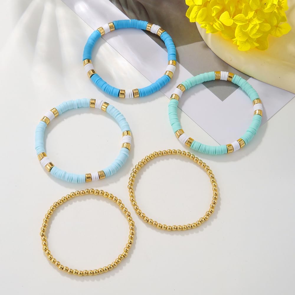 Friendship Bracelets for Women - Heishi Surfer Colorful Smile Evil Eye Clay Beaded Stretch Bracelets Elastic Layering - Stackable Boho Disc Y2K Aesthetic Summer Jewelry Set.